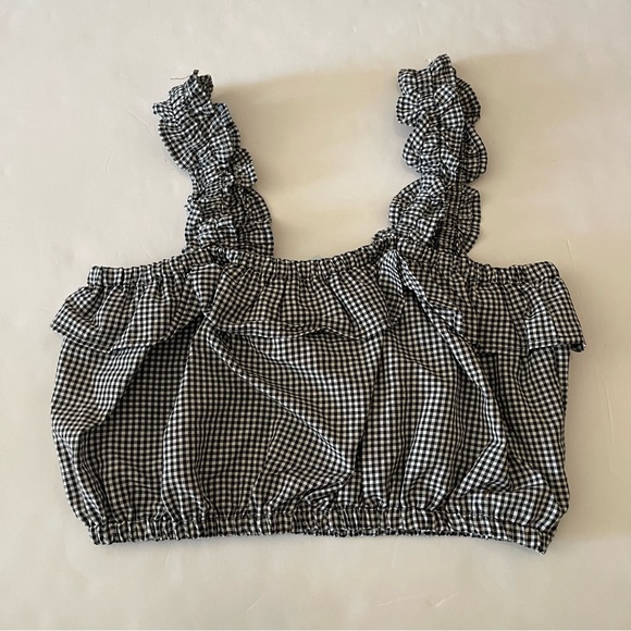 Black and White Gingham Print Sleeveless Ruffle Cropped Tank - Picture 2 of 2